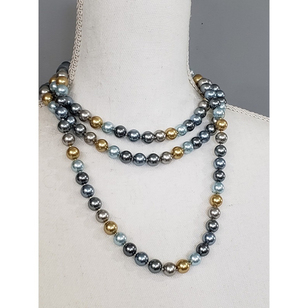 Charter Club Faux Pearl Long‎ Necklace Silver Blue Gold 54" Layering long double